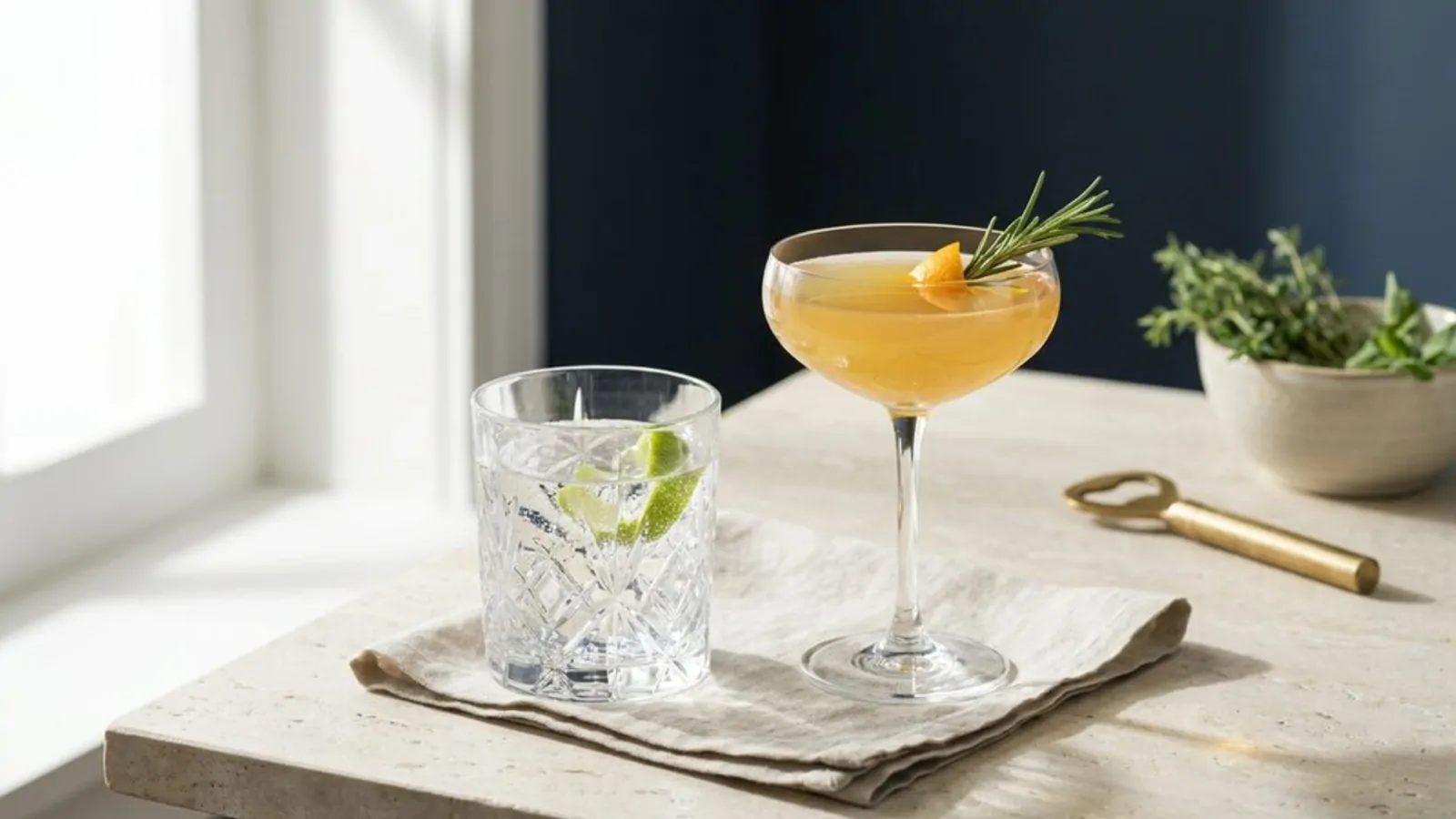 Two alcohol-free drinks in crystal glassware with lime, citrus and rosemary on a stone surface