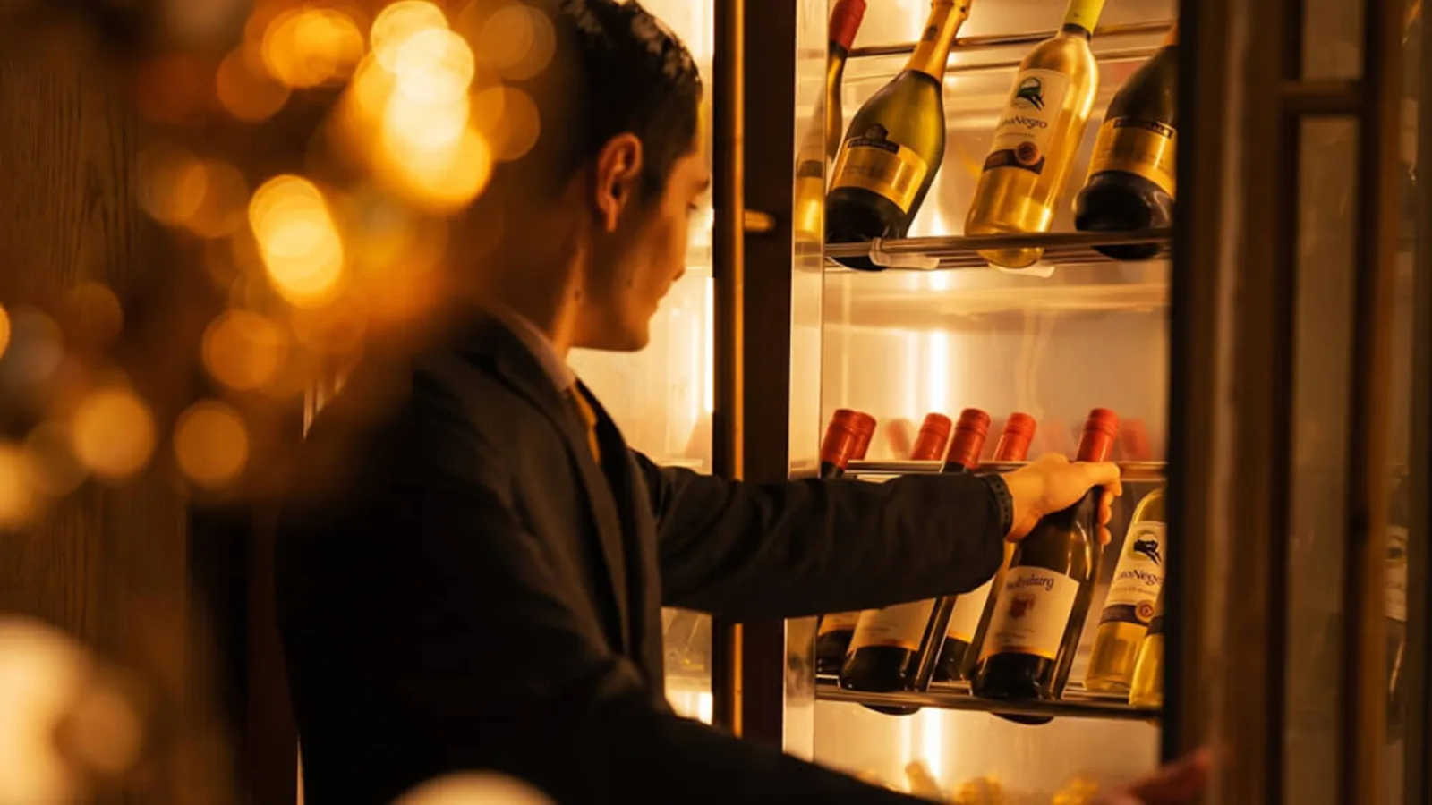 A well-dressed server selecting a bottle of wine from an illuminated wine cabinet