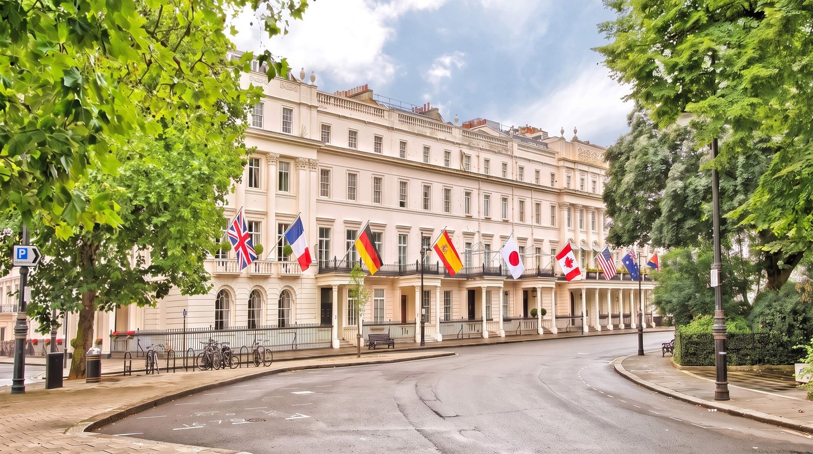 National flags flying above the stucco-fronted embassy townhouses of Belgrave Square in London's diplomatic district
