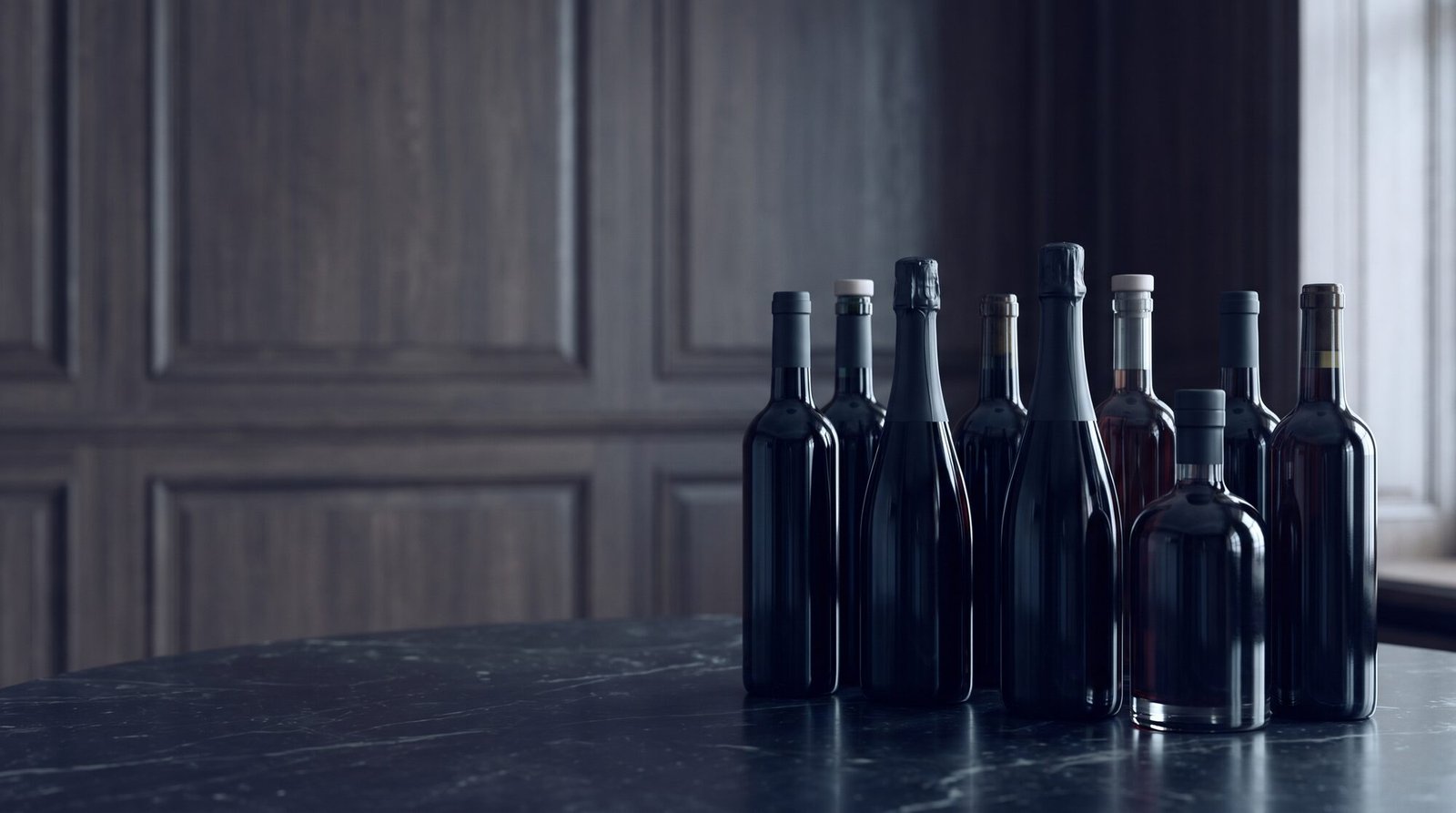 An elegant arrangement of fine wine, champagne and spirit bottles on dark polished marble