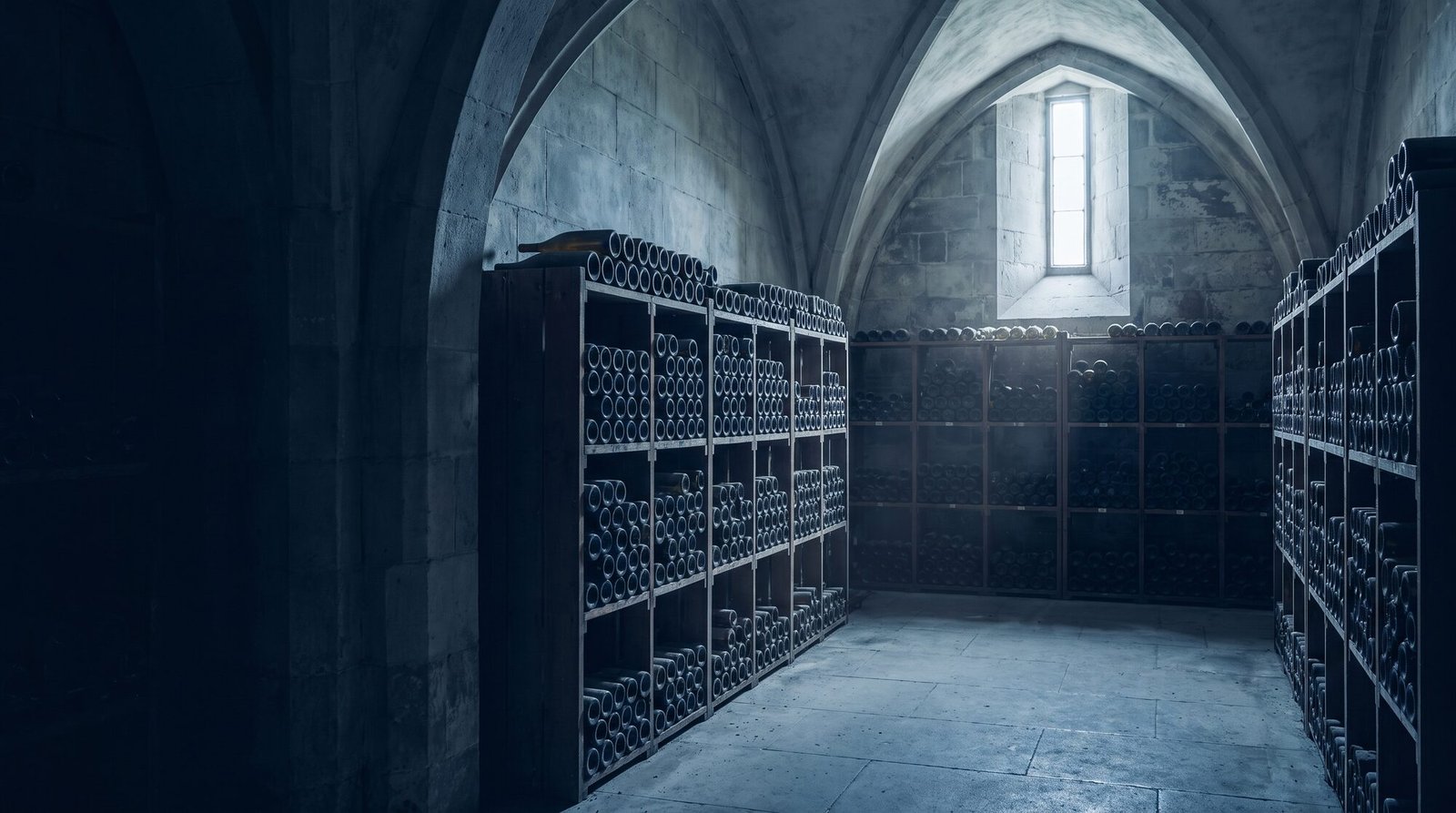 A refined fine-wine cellar with orderly arched rows of resting bottles in stone vaults