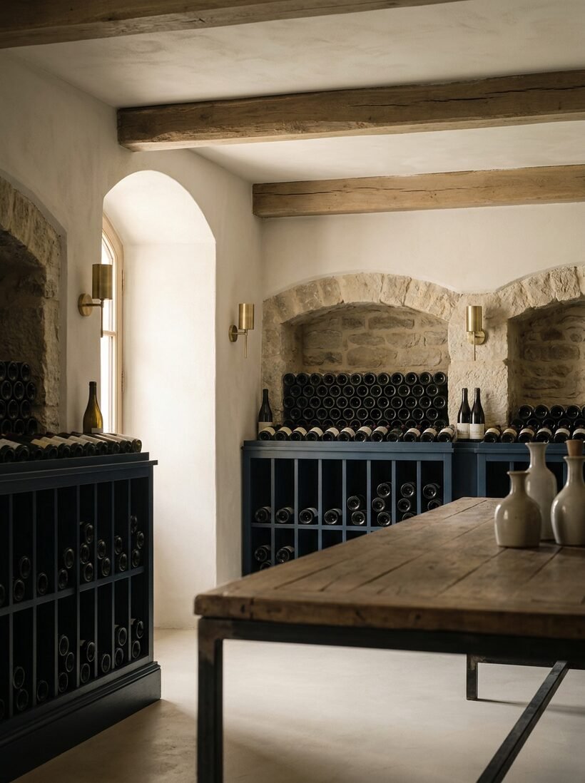 A refined arched wine cellar with rows of aging bottles conveying heritage